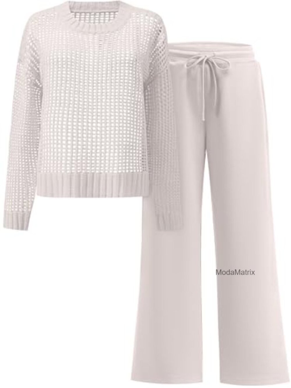 Crochet Sheer Knit Two Piece Lounge Set Wide Leg Pants Sweatsuit Travel Outfit